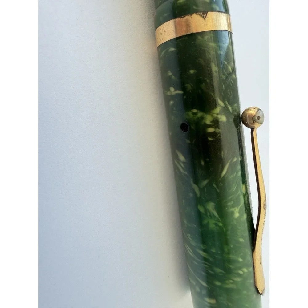 1920 Sheaffer Flat Top Full Sz 14k Nib Fountain Pen Jade Green Marbled White Dot